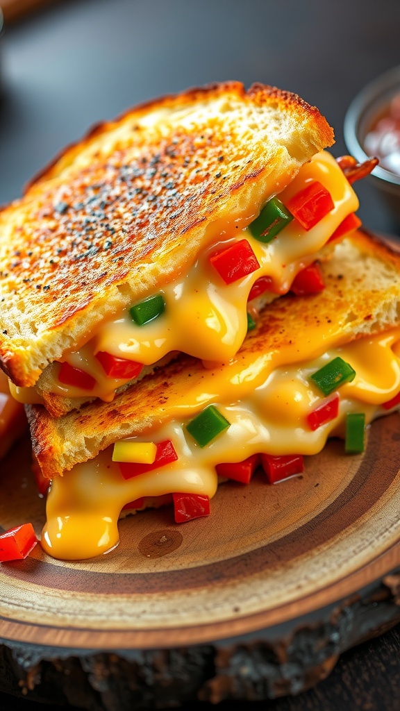 Mouthwatering Queso Sandwich Recipe A grilled queso sandwich with melted cheese and peppers on a wooden board with salsa.